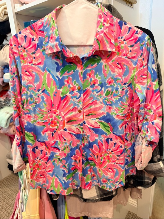 Tops - Floral Button-Front Women’s Blouse in Pink and Blue